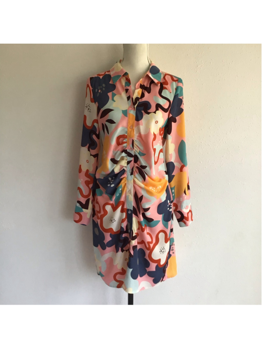 One n’ More Floral Mini Dress Size L Pink Multicolor Ruched Button Front